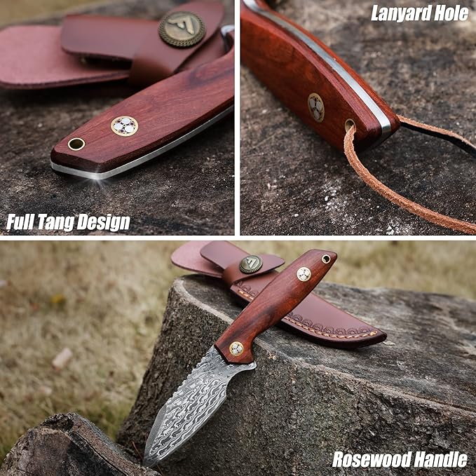 FLISSA 8-1/2 Inch Damascus Steel Hunting Knife, Fixed Blade Knife with Leather Sheath, Full-Tang Construction Survival Knife for Camping, Hiking and Outdoor Adventures, Rosewood Handle, Great Gifts for Husband, Wife, Mom and Dad