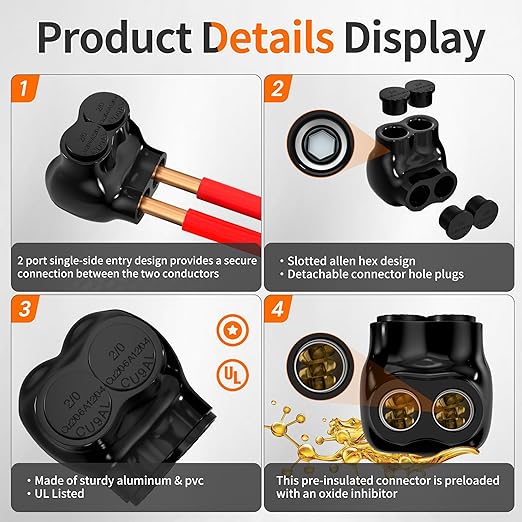 Joinfworld 2 Port Insulated Multi Tap Connector 2/0-6 Gauge Wire Connectors Aluminum to Copper Wire Connectors Single Side Entry Black Electrical Cable Connectors with Slotted Allen Hex - 6 Pack
