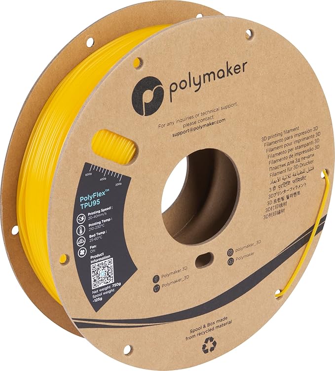 Polymaker TPU Filament 1.75mm Yellow, 0.75kg Shore 95A Flexible 3D Printer Filament 1.75mm - PolyFlex TPU95 3D Printing TPU Filament 0.75kg Yellow Soft Flexible Filament