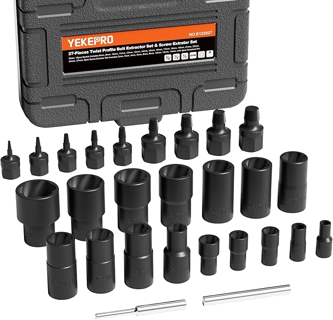 27-Pieces Twist socket & Stud extractor for Damaged, Frozen, Studs, Rusted, Rounded-Off Bolts, Nuts & Screws, Cr-Mo Steel