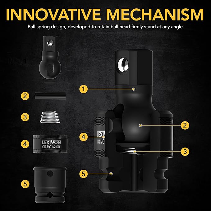 LEXIVON Premium Impact Universal Joint Socket Swivel Set | 3-Piece Ball Spring Design 1/2", 3/8", and 1/4" U-Joint Drive | Cr-Mo Steel - Full Impact Grade (LX-113)