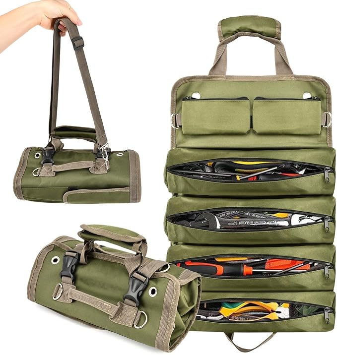 Roll Up Tool Bag, Heavy Duty Tool Organizer with 5 Compartments & 2 Detachable Pouches, Portable Foldable Waterproof Tools Bag for Dad Men Electrician Mechanic Gifts (COLOR:Green)