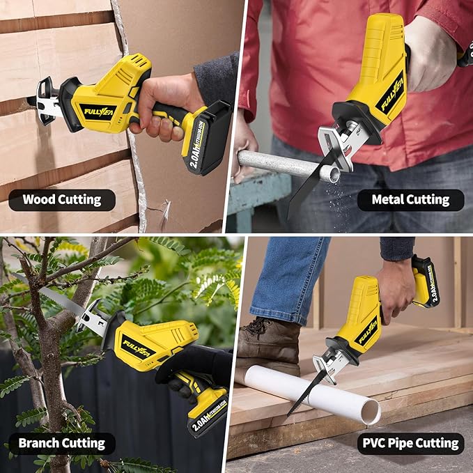 Reciprocating Saw Cordless, Variable Speed 0-3500SPM Power Reciprocating Saw, Tool-Free Blade Change, Battery Reciprocating Saws with 4 Saw Blades for Woods/Metal/Plastic Cutting, Yellow