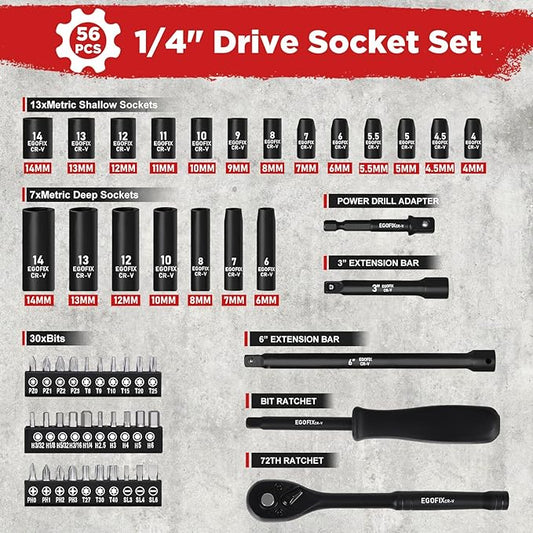 1/4" Ratchet Wrench Socket Set 56 PCS, Metric Shallow Socket (4-14mm) and Deep (6-8, 10-14mm), with Mini 72-Teeth Ratchet, Screwdriver Bit Set, Small Tool Kit for Home Use, Motorcycle and Bike