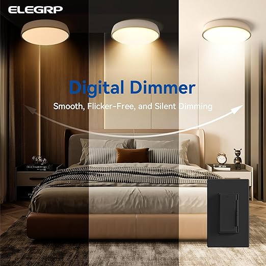 ELEGRP Digital Dimmer Light Switch for 300W Dimmable LED/CFL Lights and 600W Incandescent/Halogen, Single Pole/3-Way LED Slide Dimmer Light Switch, Wall Plate Included, UL Listed, 1 Pack, Matte Black