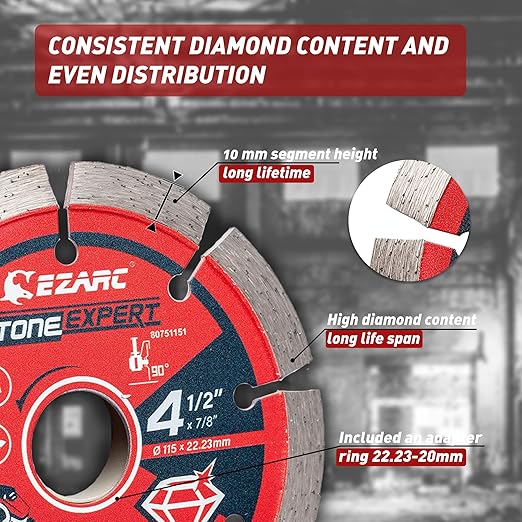 EZARC 4-1/2 inch Segmented Diamond Blade, Diamond Cutting Wheel for Angle Grinder Stone Master, 4.5" Stone Blade for Cutting Concrete Granite Masonry Brick, 7/8"-20mm-5/8 Arbor (2-Pack)