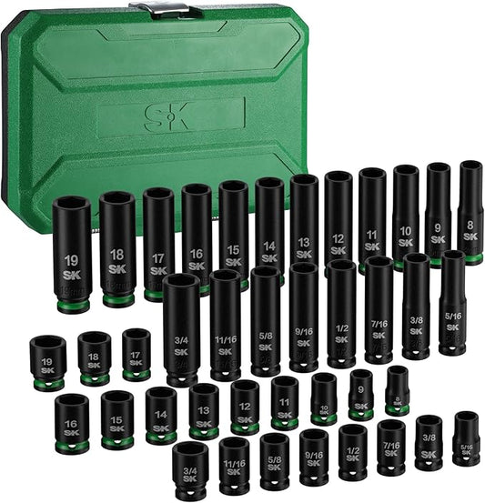 SK 3/8" Drive Impact Socket Set, 40-Piece Deep & Shallow Sockets, Metric 8 to 19mm, SAE 5/16??to 3/4?? Premium CR-MO Steel, SureGrip 6 Point Design, With Storage Case