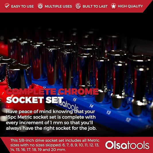 Olsa Tools Metric Shallow Socket Set - 3/8-Inch Drive, 15pc - 6-Point Chrome Sockets from 6mm–20mm and No Skipped Sizes - Mechanic Shallow Metric Socket Set - Professional Grade Sockets - Part: 1331