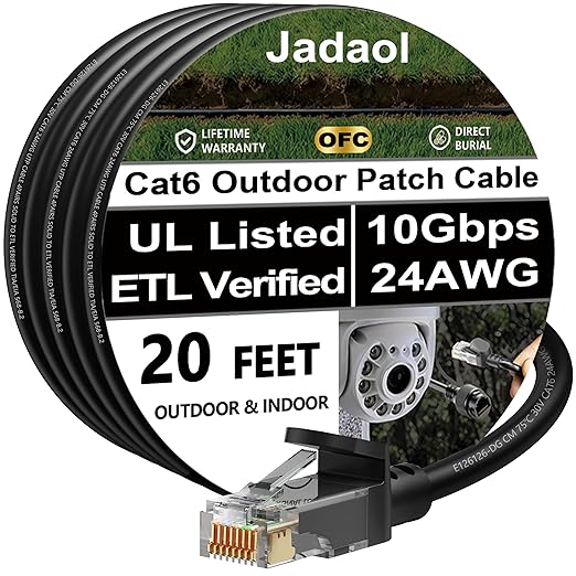 Jadaol Cat 6 Ethernet Cable 20ft, Outdoor&Indoor, 10Gbps Support Cat8/7 Network, 24AWG Pure Copper Patch LAN Cord, Direct Burial Waterproof In-Ground UV Resistant for Router, Modem, Switch, POE, Black