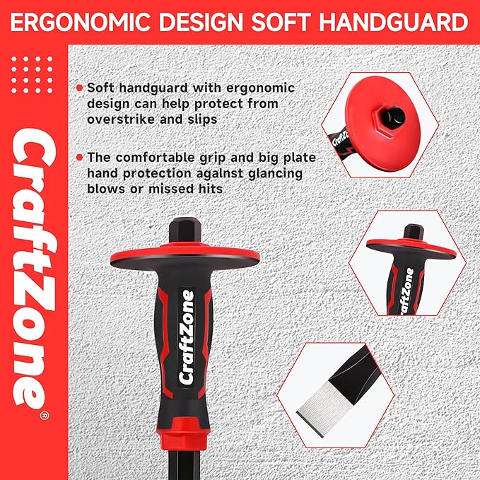 Masonry Chisel Set - 2-Piece Heavy Duty Pointed & Flat Rock Chisels, Concrete Stone Chisel with Hand Protection for Brick Breaking Carving Splitting Cutting Mason Tools