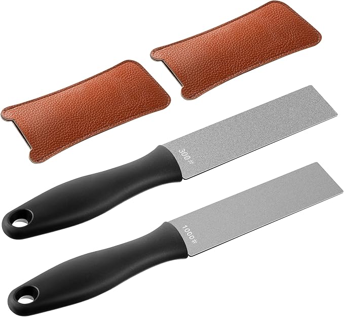Feekoon 2 Pcs Dual Grit Diamond Sharpening Stone File Coarse 300# /Extra Fine 1000# Grit with Leather Sleeve Garden Tool Blade Sharpener for Knife, Axe, Lawn Mower Blade, Shears, Chisel Spade(Black)