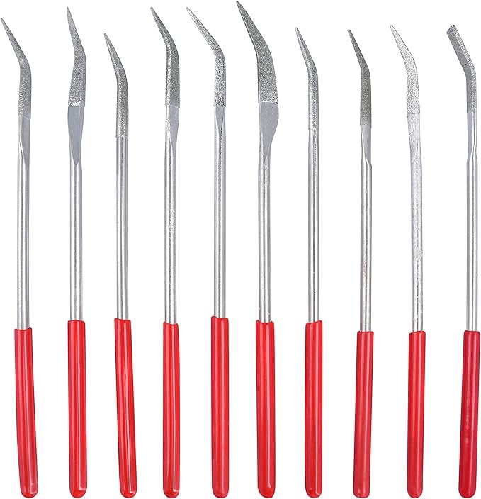 YAKAMOZ 10Pcs Curved Mini Diamond Metal Files Set 3x160mm Bent Round Needle File Triangular Square Flat Riffler File Kit Wood Stone Glass Jewelry Fine File DIY Tools