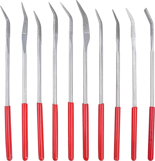YAKAMOZ 10Pcs Curved Mini Diamond Metal Files Set 3x160mm Bent Round Needle File Triangular Square Flat Riffler File Kit Wood Stone Glass Jewelry Fine File DIY Tools