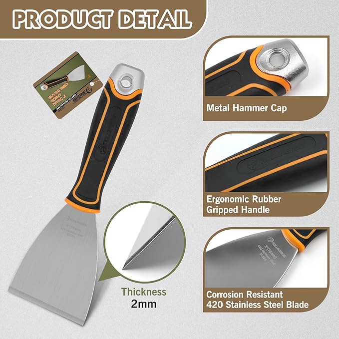 ROLLINGDOG 3" Angled Stiff Chisel Scraper-5 Degree Angled Putty Knife with Metal Hammer Cap, Rubber Gripped Handle, Paint Scraper into Corners