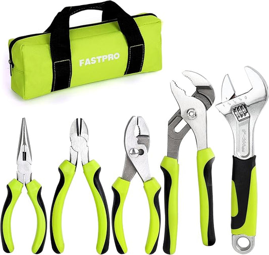 FASTPRO 5-Piece Utility Pliers Set with Storage Bag, Includes Groove Joint, Diagonal, Long Nose, Slip Joint Pliers and 8" Adjustable Wrench, Green