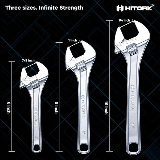Hitork 3-Piece Adjustable Wrench Set 6-Inch, 8-Inch, 10-Inch, Chrome-Plated Cr-V Steel, Wide Opening Jaws, Laser Etched SAE & Metric Scale, Polished Head, Smooth Knurl, Roll Pouch Included