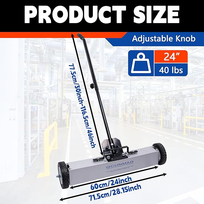 Rolling Magnetic Sweeper with Wheels, Telescoping Magnetic Pickup Tool, 40-Pound Capacity Heavy-Duty Floor Magnet Roller to Pick Up Nails, Adjustable Handle for Garage Yard (24-Inch)
