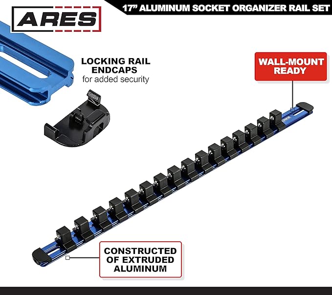 ARES 60125-3-Piece Blue 17-Inch Aluminum Socket Rail Set with Locking End Caps - Includes 1/4-Inch, 3/8-Inch, and 1/2-Inch Drive Rails - Each Aluminum Rail Stores up to 16 Sockets