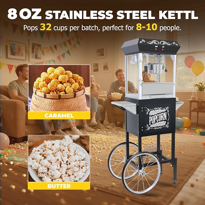 8 Oz Popcorn Machine Cart, 650 W, Popcorn Maker Machine with Stainless-Steel Kettle, Movie Theater Popcorn Machine with Steel Frame Tempered Glass Doors & Heated Warming Deck, Black