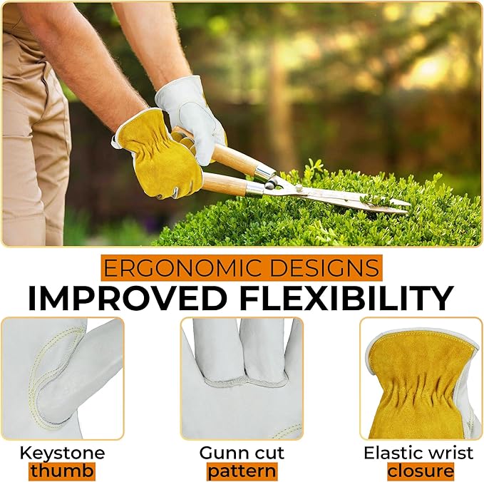 HANDLANDY Men Leather Gardening Gloves, Utility Work Gloves for Mechanics, Construction, Driver