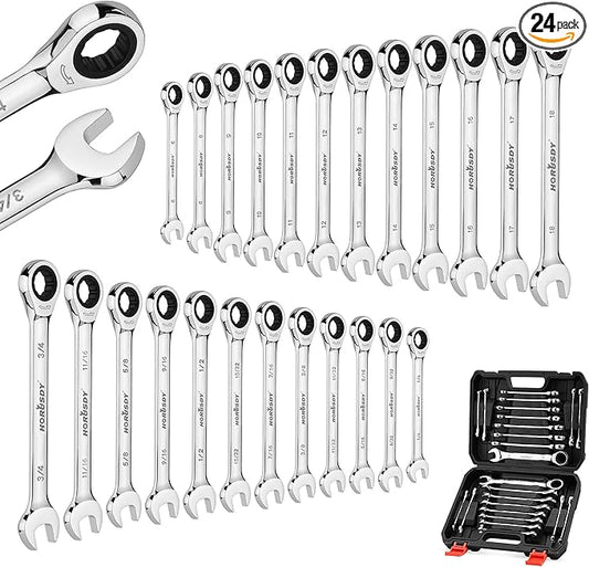HORUSDY 24-Piece Ratcheting Wrench Set | Metric and SAE | Ratchet Combination Wrenches Set with Organizer | 72-Tooth | Chrome Vanadium Steel | 6-18 mm & 1/4??to 3/4??(24-Piece)