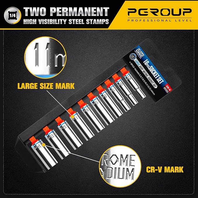 10PCS 1/4??Drive Deep Socket Set, Metric (5mm-14mm), 6-Point, Cr-V Steel, Chrome Plated Socket With Hanging Bracket, Cover Most Commonly Sizes