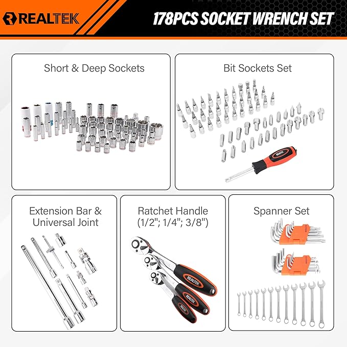 REALTEK 178 Pieces Socket Wrench Set 1/4"3/8"1/2",CR-V Metric Wrench Set with Extension Bar,Quick-Release Ratchet Wrench with Bit Socket Set for Auto Repairing,Household and Workshop,Durable Tool Box
