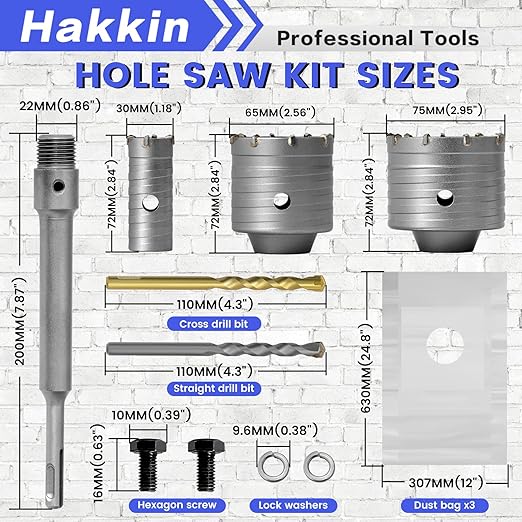 30 65 75mm Concrete Hole Saw Kit Drill Hole Cutter Set, Hakkin Cement Hole Saw with 220mm SDS Plus Shank Connecting Rod, Wall Hole Drill Bit for Stone Wall Foam Brick Home Improvement
