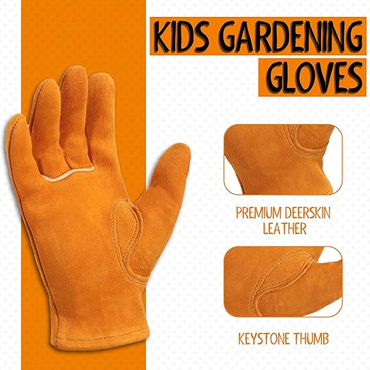 HANDLANDY 2 Pairs Kids Genuine Leather Work Gloves for ages 3-11, Children Gardening Gloves for Boys, Girls (Medium (for age 5-7), Orange)