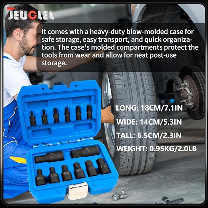 14Pcs Impact Grade Allen Bit Socket Set, SAE Hex Drive 1/4-Inch, 3/8-Inch, 1/2-Inch Drive Impact Hex Socket Kit, Heavy Duty Hex bit Screwdriver Adapter Hand Tool Repair Tool