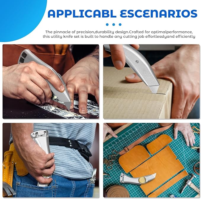 Silver Fixed Blade Roofing Knife Utility Knife with 3 functions for 6 blades Box Cutter with Holster Belt Clip Roofing Tools for Carpet, Outdoor Indoor Construction Marking