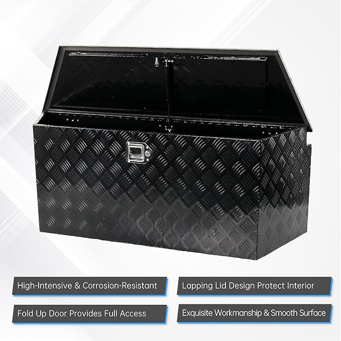 49 Inch Aluminum trailer tongue box heavy duty 5 Bar Tread Trailer tool box Storage Organizer with Flipped steps, Black (49'' x 15'' x 18.5'')