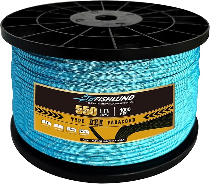 Reflective Paracord 550 lb, 7 Strand Paracord Rope 1000ft 4mm, Nylon Parachute Cord for Camping, Lake Blue