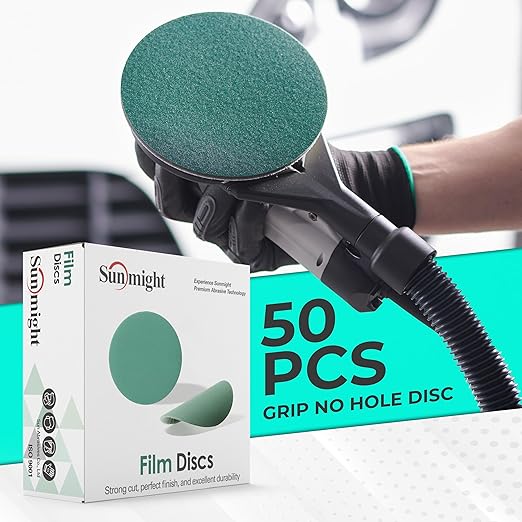 Sunmight Film Grip No Hole 3 Inch Sanding Discs - 500 Grit, Premium Aluminum Oxide - Strong Film Backing for Automotive, Marine, Wood & Metal Applications - Excellent Cutting and Long Life (50 Pcs)