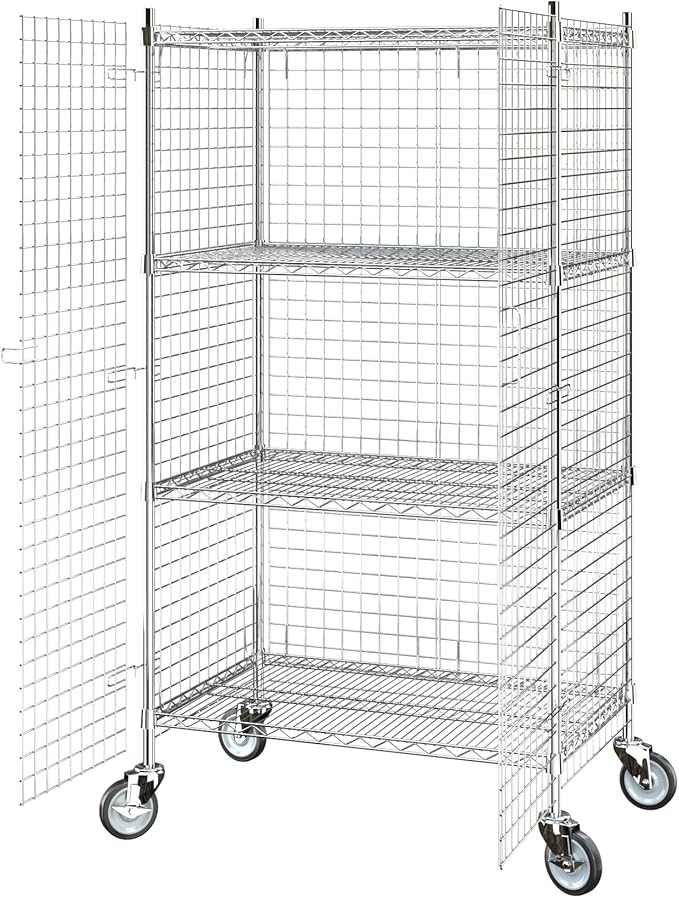 Commercial Grade NSF Listed Metal Wire Mesh Storage Chrome Mobile Security Cage Kit, 24" x 36" x 70", Perfect for Warehouse, Grocery Store, Restaurant, Dishroom