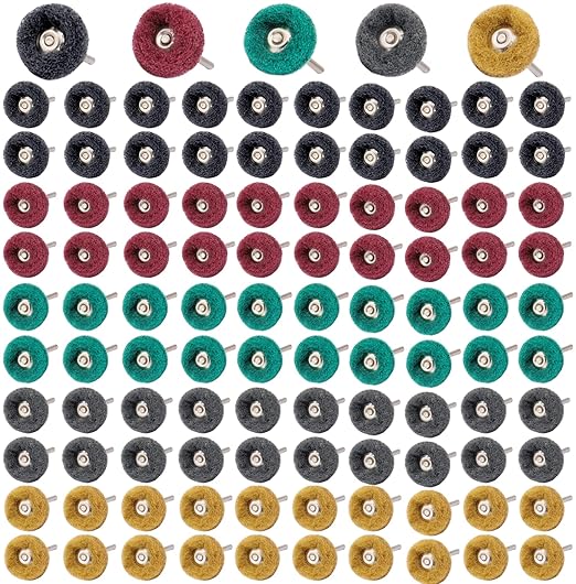 100Pcs Abrasive Buffing Wheels, 1 Inch Buffing Polishing Wheel Set with 1/8 Inch Shank, 20Pcs Each of 80 150 240 400 600 Grit Scouring Pad Abrasive Wheel for Power Rotary Tool, Rust Removal, Polishing