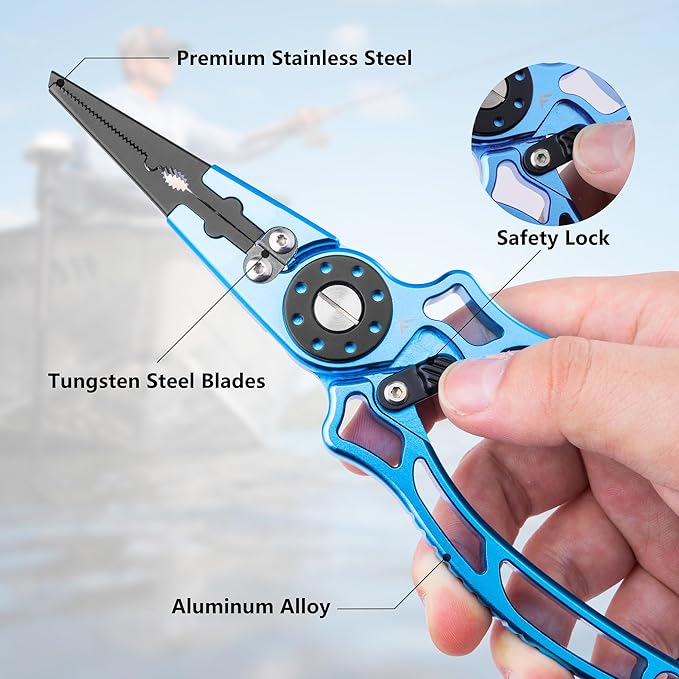 FLISSA 8 Inch Fishing Pliers, Safety Lock Design Fish Pliers Saltwater, Corrosion Resistant Aluminum Hook Remover with Braid Cutters, Sheath and Lanyard, Fishing Tool Gifts for Men