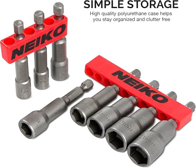 NEIKO 10065A 1/4” Hex Shank Magnetic Power Impact Nut Driver Set |8 Piece Tool Set | Professional Grade Socket Nut Setters| Metric | Sizes 6 to 13 MM | Cr-V Steel