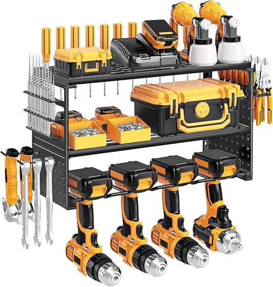 Power Tool Organizer Wall Mount, Heavy Duty 150Lbs Load Capacity with 4 Drill Holders,3 Layer Utility Shelf for Garage Storage and Workshop Organization(Black)