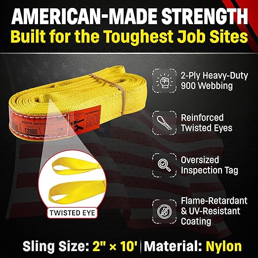 DD Sling (USA Made). 2" wide X (4' to 20' lengths) in Listing! 2 Ply Twisted Eye, Nylon Lifting Slings, Eye & Eye, Heavy Duty (900 webbing), 5.100 Choker, 12.800 Basket Load Capacity (2inX10ft)