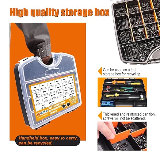 weideer 1095pcs Self Tapping Screws for Metal, #8#10 M2 M3 M4 410 Stainless Steel Screws Assortment Kit Black Oxide Truss Head and Phillips Pan Head Metal Screw