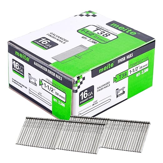 meite 16 Gauge Finish Nails, 1-1/2-Inch Galvanized 16GA Finish Nails, Small Straight Finishing Nail, Ideal for Woodworking, Upholstery, and Framing Projects (2,500 Counts)
