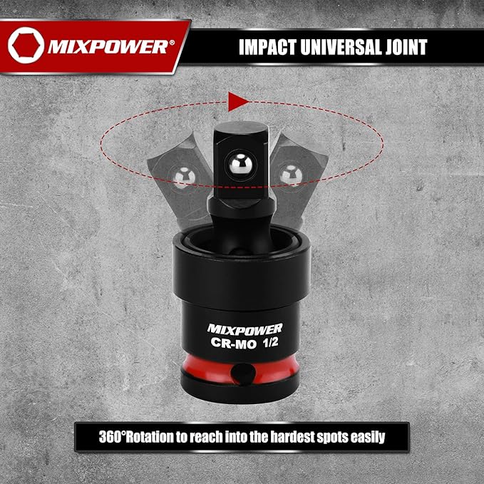MIXPOWER 43 Pieces 1/2" Drive Deep and Shallow Impact Socket Set, 6 Point,Metric Sizes 9-30mm, 1/2'' Impact Universal Joint, 1/2"Drive Extension Bars:3",6",10",15",CR-MO Steel Mechanic Socket Set