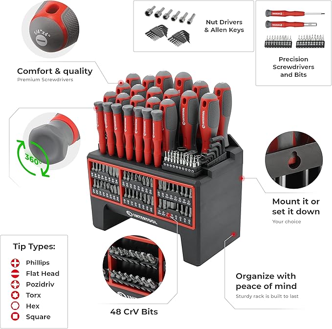 INTERTOOL 114-Piece Screwdriver Set with Mountable Rack, Magnetic Tips, Swivel-End Precision Screwdrivers, Bits, Nut Drivers, Hex Keys, DIY, Tool Gift VT08-3372