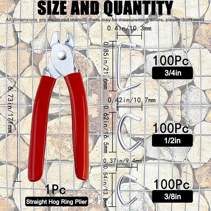 300 pcs Hog Rings with Straight Hog Ring Pliers Kit 3/4" 1/2" 3/8 "Galvanized Hog Rings for Animal Pet Cages?갧opes?갃agging?갆IY Craft?갌urniture