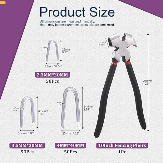 Swpeet 151Pcs 10 Inch Fencing Plier and 3 Sizes 3/4" 5/6" 3/2" Steel Wire Staples Set, Fence Tools, Nail Puller Pliers, Staple Puller, Steel Wire Staples for Fencing, Wire Mesh and Woven Fencing