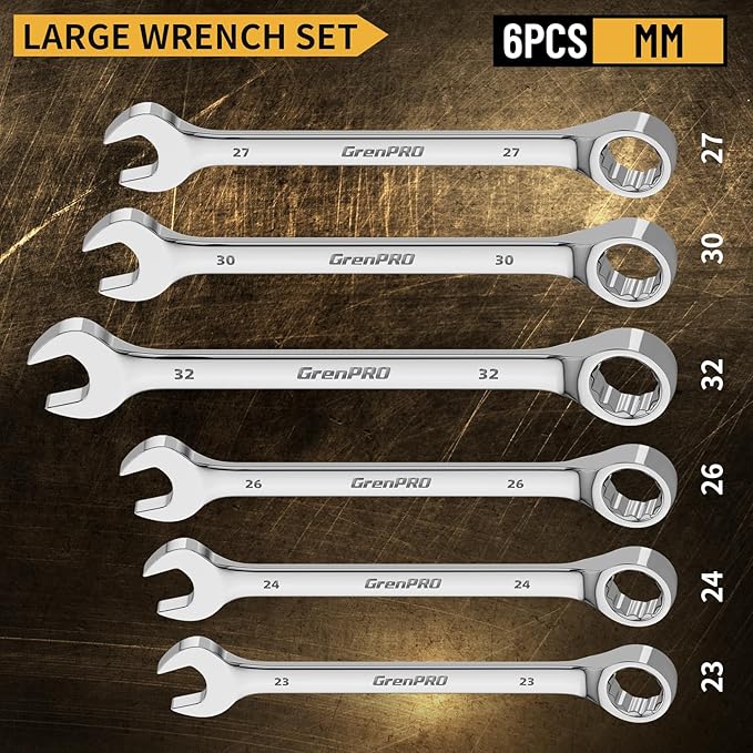 GRENPRO Metric Wrench Set, Large Wrench Set Metric and Standard, 7PC 23mm, 24mm, 26mm, 27mm, 30mm, 32mm Long Big Open End Wrench Tool Set Roll Up Pouch Organizer with Gauge, Combination Wrenches Sets