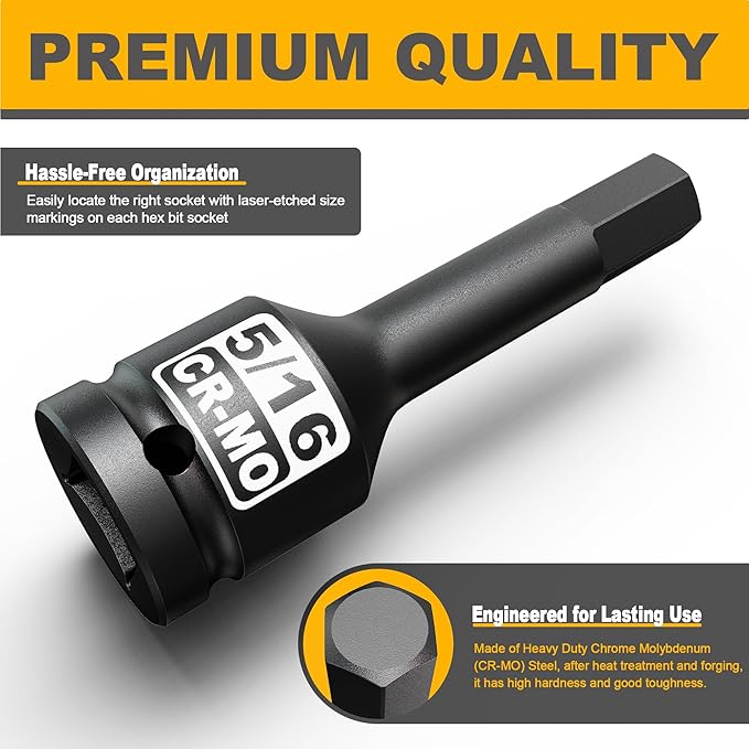 1/2" Drive H5/16-Inch Impact Hex Bit Socket, SAE Allen Bit Socket, Cr-Mo Steel, Removing Loosening Hexagon Bolts