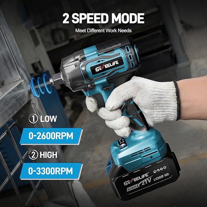 GEVEELIFE Impact Wrench 520Ft-lbs(700N.m) Brushless, 1/2 Impact Gun with 2x4.0Ah Battery, Cordless Impact Wrench, 6 Sockets, 8 Drill Bits, 3300RPM Power Electric Impact Driver for Car/DIY Furniture