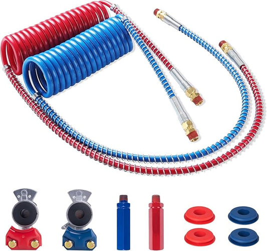 Semi Truck Air Brake Line Hose Coil Assembly Coiled Set Airline Blue Red Pigtail Trailer Air Hose,1/2" NPT DOT Fittings with Glad Hands & Grips & Rubber Seals (15' Length x 40" Tractor Lead)